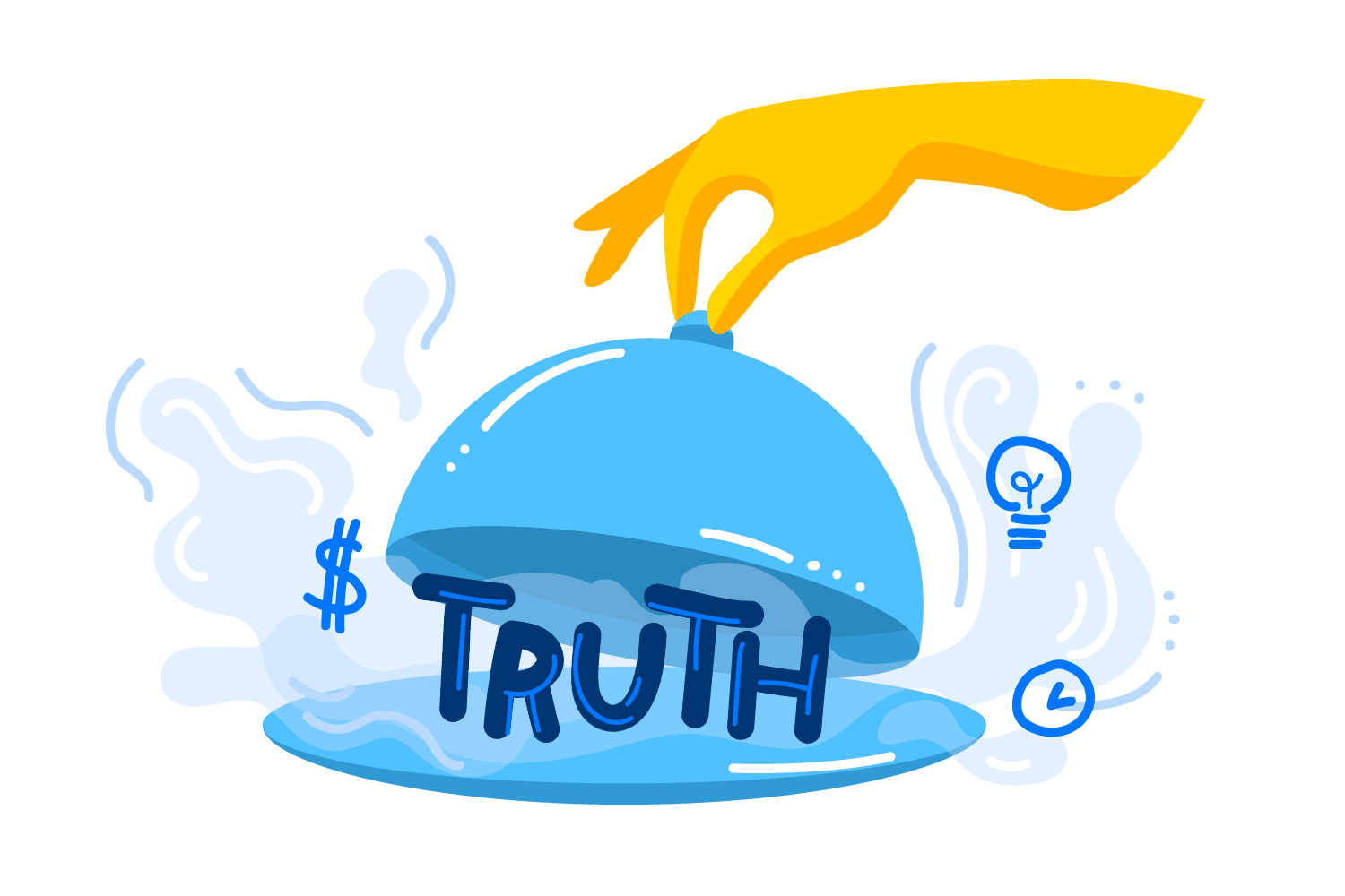 Illustration showing the word truth served as a meal on a plate with symbols of dollar, clock, and light bulb in smell coming from the dish