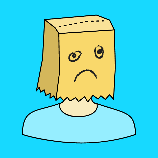 a person with a bag over their head with an unhappy face drawn on it